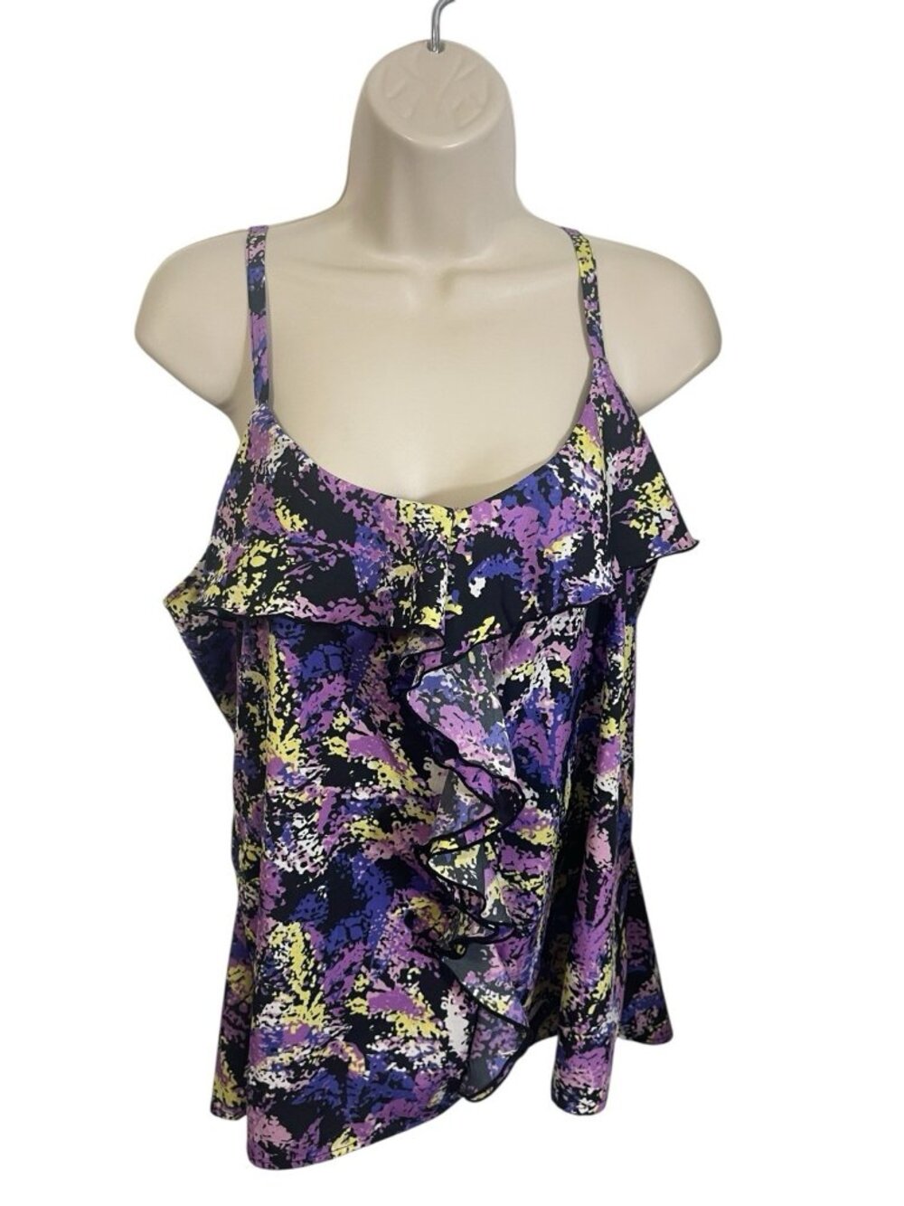 GAP Women's Size Large Purple Print Lightweight Sleeveless Ruffle Front Blouse